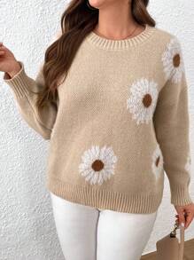SHEIN LUNE 加大码白色碎花圆领毛衣，秋冬针织套头衫 - 彩色 - 查看 4