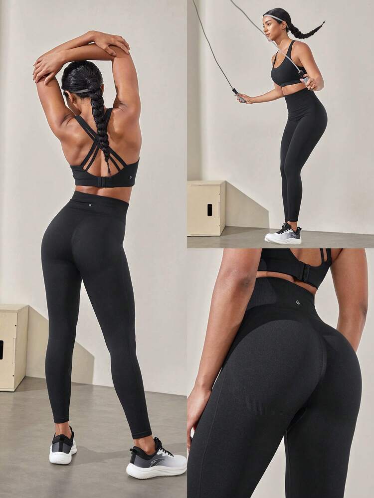 Mallas De Entrenamiento De 24" Sin Costura, Con Pliegue Trasero Para Realzar Los Glúteos, Cintura Alta Súper Alta, Fuerza Media, Que Absorbe La Humedad