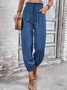 EMERY ROSE Paper Bag Waist Drawstring Cuffed Pants Fall Cloth For Women - Blue - View 3