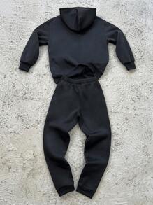 SHEIN Leap Crew Teen Boy Loose Casual Retro Hoodie & Sweatpants Set - Black - View 2