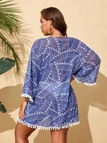 SHEIN Swim Curve Plus Size One Piece Blue & White Print 3/4 Sleeve Loose Beach Cover Up Top For Women, Lightweight And Casual Summer