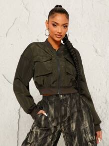 SHEIN SXY Veste utilitaire courte à revers et poches rabattables, de couleur unie, pour l'automne. Idéale pour les tenues d'automne, d'hiver, de Thanksgiving, du Nouvel An et de festival