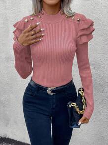 SHEIN Clasi Women Stand Collar Long Sleeve Button-Up Casual Pullover Sweater Knit Pullover Fall Winter Sweater - Redwood - View 6