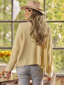 LanaWest Women's Fashion Simple Solid Color Drop Shoulder Long Sleeve Casual Cardigan Sweater