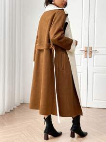 Mulvari Women Colour Block Thermal Lined Stand Collar Long Sleeve Long Casual Jacket, Autumn/Winter - Brown - View 4