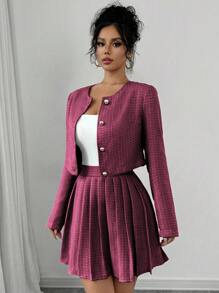 Elenzga 女式 2 件套格子圆领长袖单排扣夹克和百褶中裙，秋季 - 玫紅色 - 查看 5