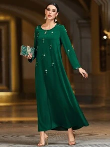 Layrah 女式手工缎面阿拉伯连衣裙，镶嵌水晶钻，橄榄绿色，带金色闪光，朴素的卡夫坦 - 墨綠色 - 查看 5