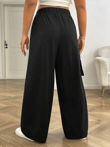 SHEIN EZwear Plus Size Casual Versatile Black Straight Leg Cargo Pants