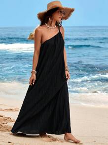 SHEIN VCAY Plus Size Women Vacation Solid Color Sleeveless Long Casual Dress Spring Outfits For Women Summer Clothes Rave Outfits Western Wear Women Boho Wedding Guest Dress Women Graduation Dress Beach Outfits Baggy Off The Shoulder High Waisted Backless Vacation Outfits Women Backless Dress Fairycore Tropical Plain - Black - View 5