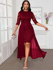 SHEIN Lady 秋冬圣诞派对礼服优雅蓝色蕾丝圆领不对称飘逸 - 酒紅色 - 查看 5