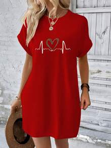 INAWLY 夏季豹纹心形圆点图案宽松休闲中长款女士连衣裙