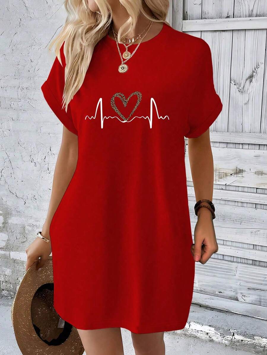 INAWLY 夏季豹纹心形圆点图案宽松休闲中长款女士连衣裙