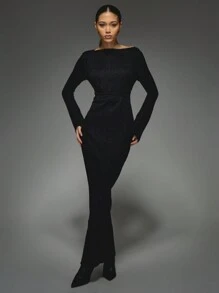 MISSGUIDED Rib Knit Boat Neck Long Sleeves Maxi Dress - Black - View 1