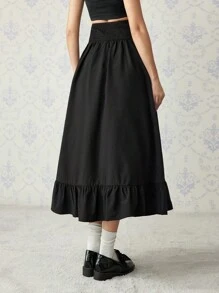 SHEIN MOD Falda negra con detalle de cintura anudada y bajo con volantes, vestimenta occidental para mujeres, faldas negras para mujeres, faldas largas negras vintage - Negro - Ver 2