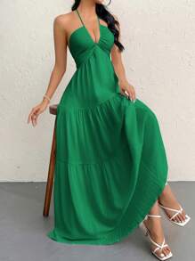 Firerie Đầm dài hở lưng buộc dây bằng vải chiffon cho nữ, thích hợp cho kỳ nghỉ, đám cưới, tiệc tùng - màu xanh lá - Xem 3