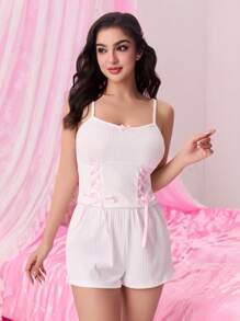 ROMWE Kawaii 浪漫情人节可爱针织罗纹蝴蝶结无袖上衣和短裤睡衣套装