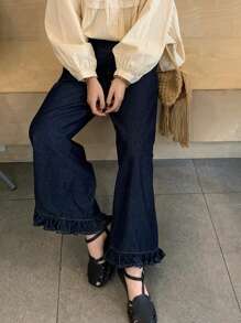 FRIFUL Women's Navy High Waist Straight Leg 7/8 Length Jeans,Ruffle