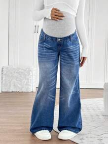 SHEIN Maternity Grey Knit Belly Support Blue Denim Loose Fit Pants - Blue - View 1