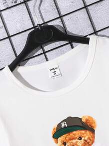 2pcs Young Boy Cartoon Bear Print Round Neck Short Sleeve T-Shirt And Shorts Casual Set