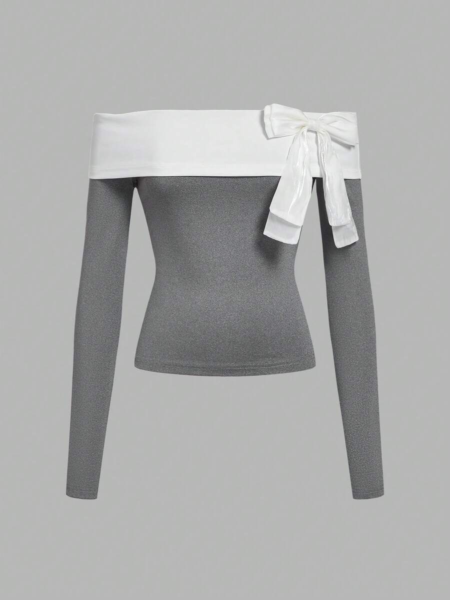 SHEIN MOD Kaos Fashion Wanita Lengan Panjang Off-Shoulder Warna Kontras dengan Hiasan Pita - Grey - View 1