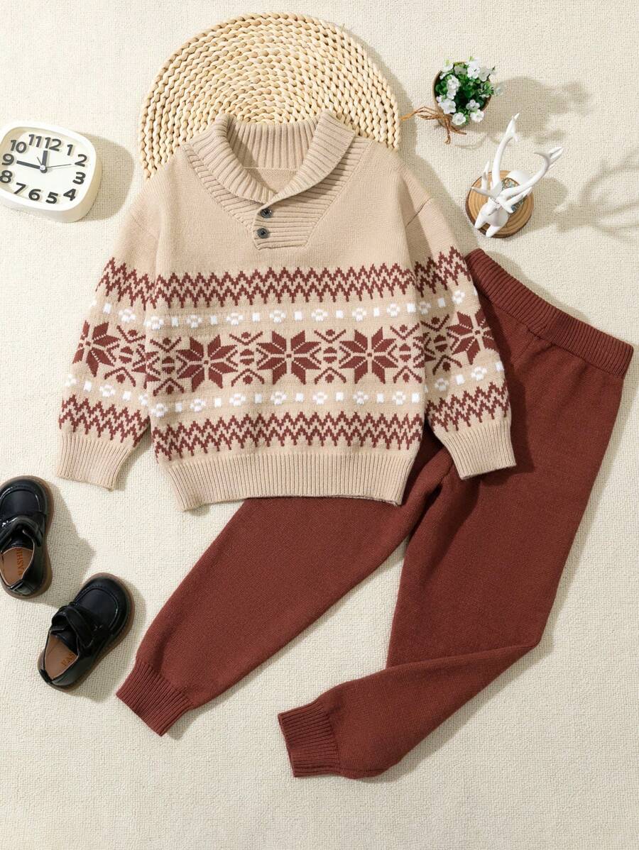 SHEIN Toddler Boys College Style Jacquard Knitted Sweater Set, Autumn/Winter - Khaki - View 1