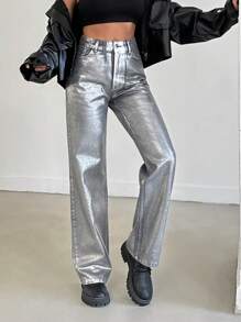 EURMUSE Fashion Metallic Feeling High-Waisted Straight Leg Jeans - Light Grey - View 7