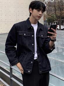 DAZY Men's Plain Blue Denim Jacket For Autumn - Blue - View 1