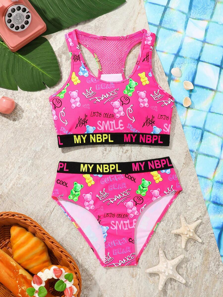 SHEIN Tween Girls Beach Vacation Letter Print Tankini Bikini Set - Multicolor - View 1