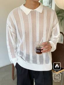 Manfinity CasualKnits Men's Plain Turn-Down Collar Drop Shoulder Long Sleeve Hollow Casual Sweater, Autumn/Winter - Multicolor - View 6