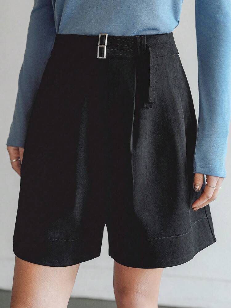 Women's Business Casual Waist Belt Drawstring Waistband Wide Leg Mid-Thigh Shorts