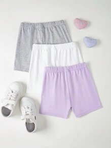 SHEIN 3 件套女童牛奶丝面料舒适紧身裤，粉色、紫色和灰色，百搭休闲短裤 - 彩色 - 查看 2