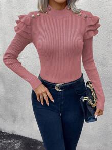 SHEIN Clasi Women Stand Collar Long Sleeve Button-Up Casual Pullover Sweater Knit Pullover Fall Winter Sweater - Redwood - View 4