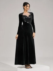 SHEIN Belle 优雅亮片撞色网眼晚礼服，情人节礼服，黑色鸡尾酒会礼服女士圣诞节黑色晚礼服，正式派对礼服，秋冬季黑色性感网眼长袖伴娘服，婚礼宾客礼服 - 黑色 - 查看 3