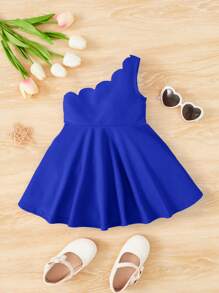 SHEIN Cute & Elegant Baby Girls Blue Asymmetrical Neck Cocktail Dress, Suitable For Weddings And Parties - Blue - View 1