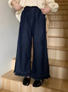 FRIFUL Women's Navy High Waist Straight Leg 7/8 Length Jeans,Ruffle