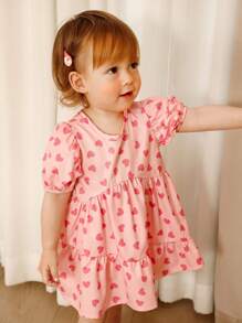 女婴/幼儿可爱情人节心形印花泡泡袖圆领 A 字裙，适合春季户外玩耍、拍照或日常休闲穿着，可爱又时尚 - 粉色 - 查看 3