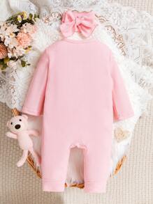 Baby Girls Waffle Long Sleeve Jumpsuits With Headband, Baby Loungewear - Pink - View 2