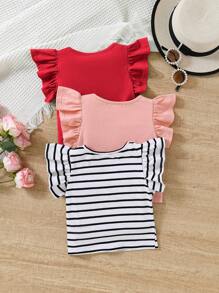 SHEIN Leap Crew 3pcs Baby Girls Casual Versatile Solid Stripe Ruffle Trim Top Set - Multicolor - View 2
