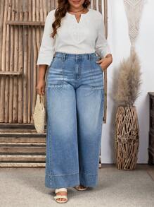 SHEIN LUNE Plus Size Washed Loose Wide-Leg Jeans For Leisure