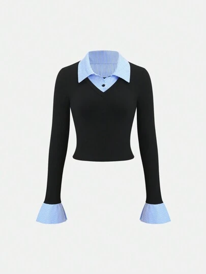 Sweetra 1 件女式条纹拼接紧身长袖 T 恤，二合一衬衫领，时尚休闲街头风格，秋冬图案 T 恤女式春季上衣