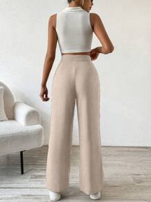 Flirla Casual Solid Color Pleated Straight Leg Dress Pants - Apricot - View 2