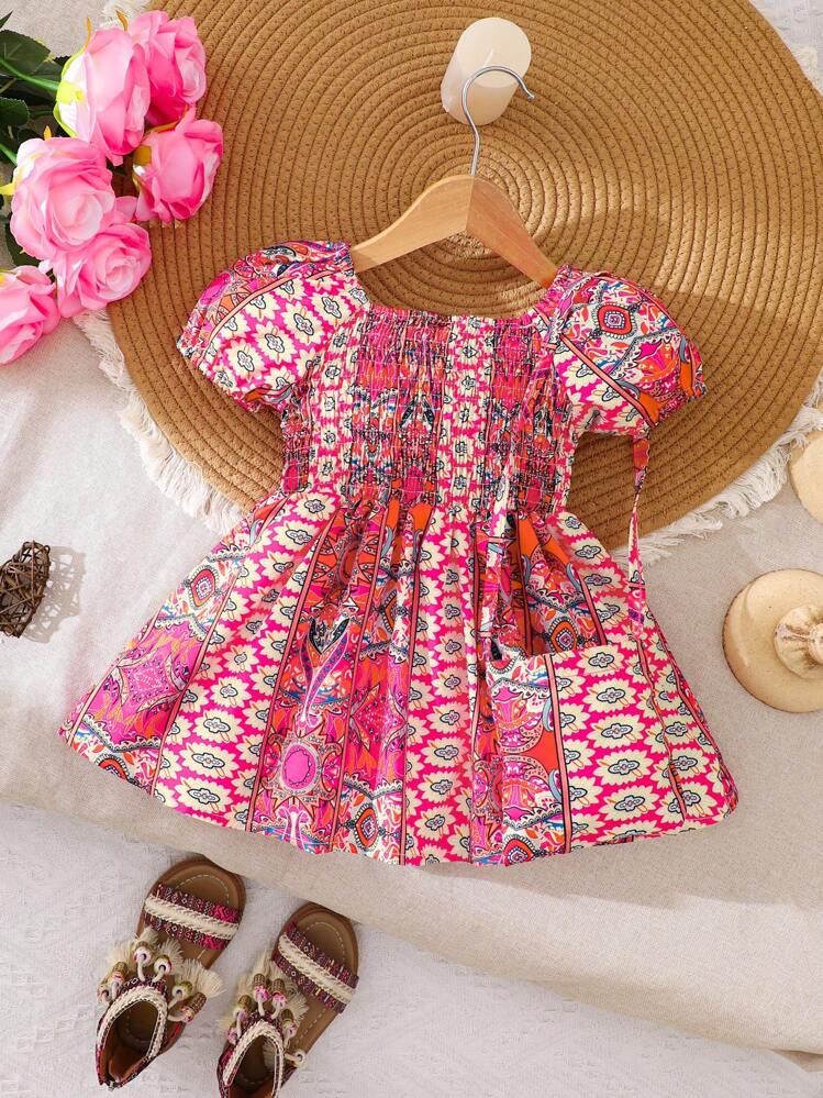 SHEIN Baby Girls Fashion Retro Style Sleeveless Dress With Bag, Casual Vintage Summer Outfit - Pink - View 2