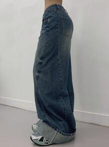 DAZY 女式休闲低腰阔腿水洗牛仔裤，返校服 - 藍色 - 查看 2