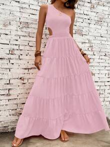 Breezaya 女士纯色无袖侧镂空休闲连衣裙，适合假期长款度假海滩装 - 粉色 - 查看 2