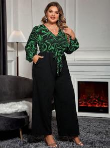 SHEIN Clasi 大码女式大理石印花灯笼袖口袋阔腿连体裤