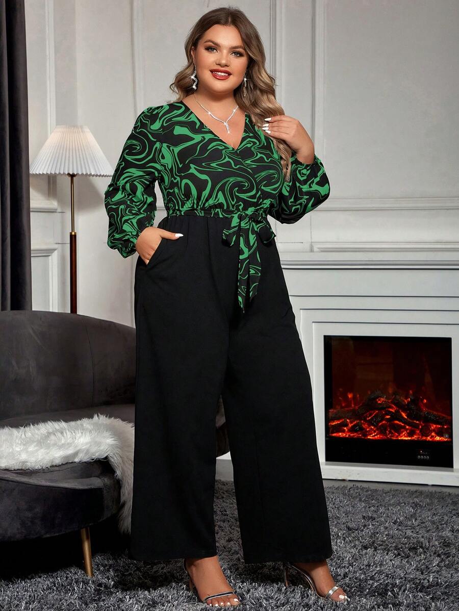 SHEIN Clasi 大码女式大理石印花灯笼袖口袋阔腿连体裤