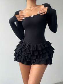 Aloruh Women's Sexy YTK Square Neck  Pink Bow Accent Ruffle Hem Long Sleeve Jumpsuit Long Sleeve Jumpsuit - Black - View 4