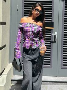 Forever 21 优雅修身长袖格子上衣，适合春夏季、情人节、办公室、度假、西式风格、Y2K、正式、复古、露肩、音乐会、极简主义、复古、独特、斯德哥尔摩风格、机场、工作、节日派对 - 彩色 - 查看 4