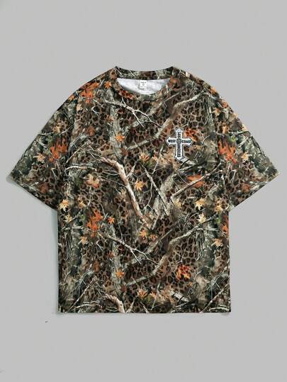 SHEIN 青少年男孩休闲短袖 T 恤，运动街头朋克摇滚学院风，适合日常、派对、音乐节，适合春夏季，森林和树枝印花