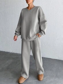 EURMUSE Solid Color Oversized Drop Shoulder Sweatshirt & Sweatpants Set - Grey - View 3